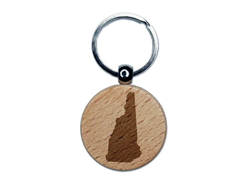 New Hampshire State Silhouette Engraved Wood Round Keychain Tag Charm