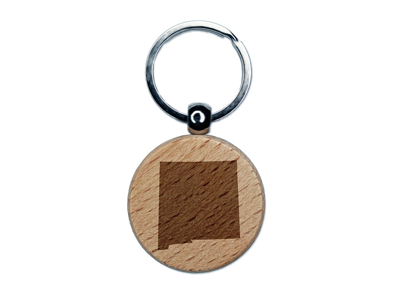 New Mexico State Silhouette Engraved Wood Round Keychain Tag Charm