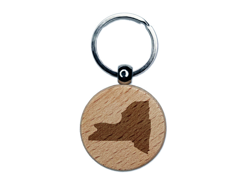 New York State Silhouette Engraved Wood Round Keychain Tag Charm