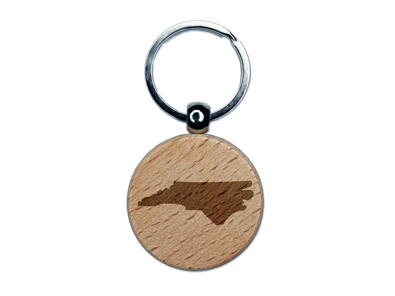North Carolina State Silhouette Engraved Wood Round Keychain Tag Charm