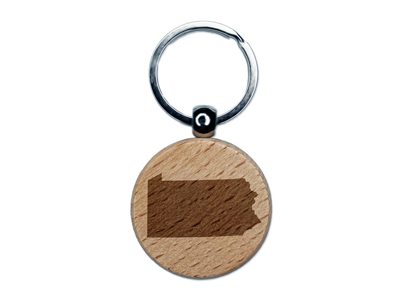 Pennsylvania State Silhouette Engraved Wood Round Keychain Tag Charm