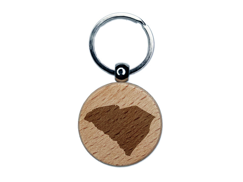 South Carolina State Silhouette Engraved Wood Round Keychain Tag Charm
