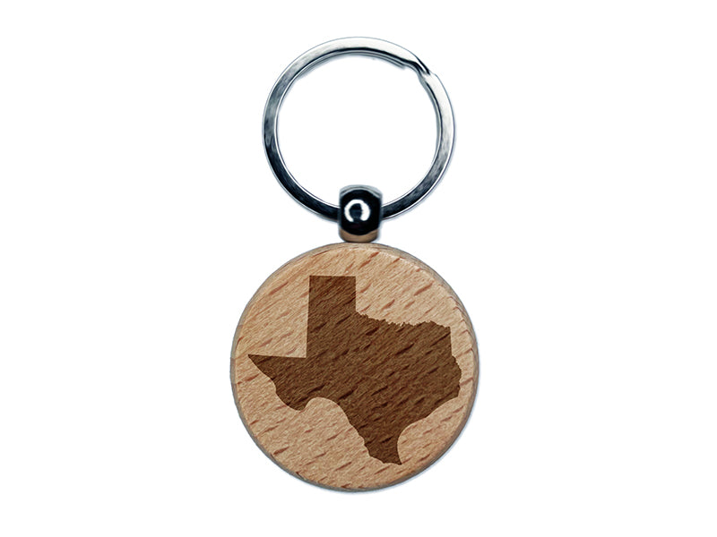 Texas State Silhouette Engraved Wood Round Keychain Tag Charm