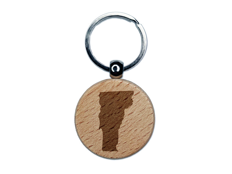 Vermont State Silhouette Engraved Wood Round Keychain Tag Charm