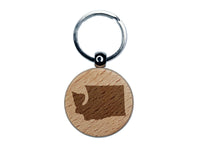 Washington State Silhouette Engraved Wood Round Keychain Tag Charm