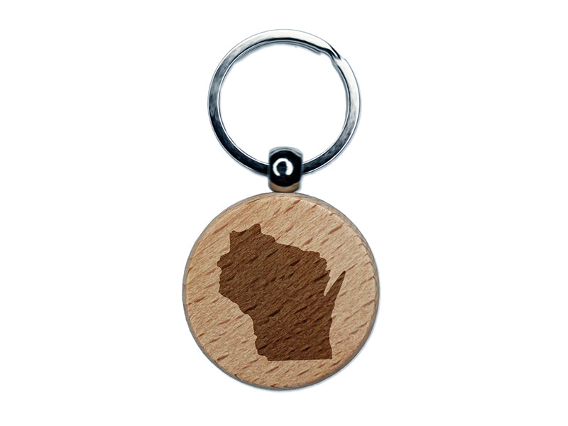 Wisconsin State Silhouette Engraved Wood Round Keychain Tag Charm