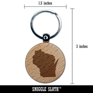 Wisconsin State Silhouette Engraved Wood Round Keychain Tag Charm