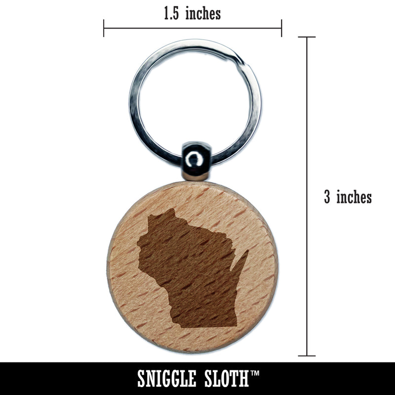 Wisconsin State Silhouette Engraved Wood Round Keychain Tag Charm