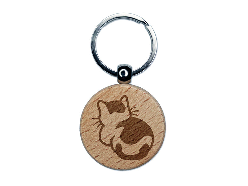 Cat Backside Engraved Wood Round Keychain Tag Charm