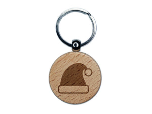 Christmas Santa Hat for the Holidays Engraved Wood Round Keychain Tag Charm