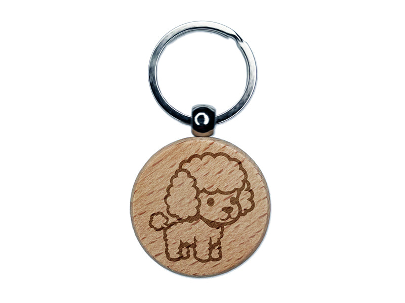 Cute and Fluffy Poodle Dog Engraved Wood Round Keychain Tag Charm