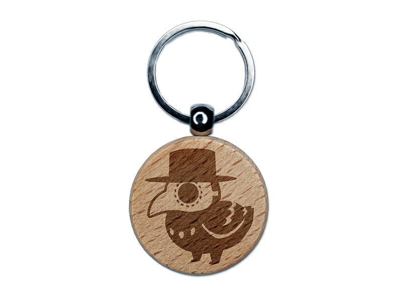 Cute Chibi Raven with Plague Doctor Mask Engraved Wood Round Keychain Tag Charm