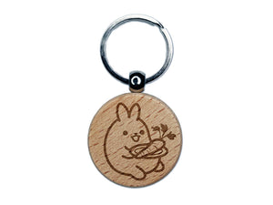 Cute Kawaii Bunny Rabbit Eating a Carrot for Lunch Engraved Wood Round Keychain Tag Charm