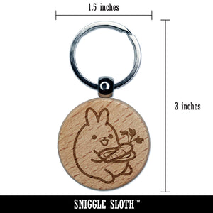 Cute Kawaii Bunny Rabbit Eating a Carrot for Lunch Engraved Wood Round Keychain Tag Charm