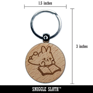 Cute Kawaii Bunny Rabbit Reading Studying for School Engraved Wood Round Keychain Tag Charm