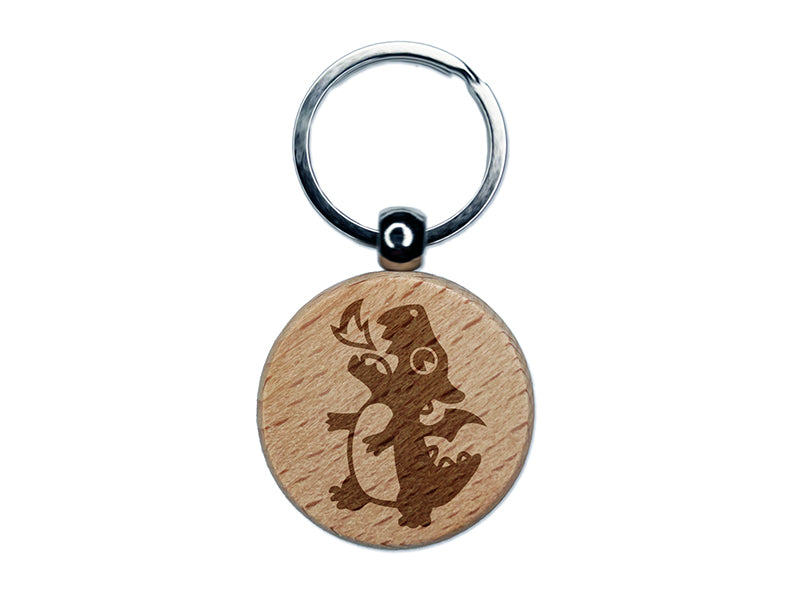 Cute Little Dragon Breathing Fire Engraved Wood Round Keychain Tag Charm