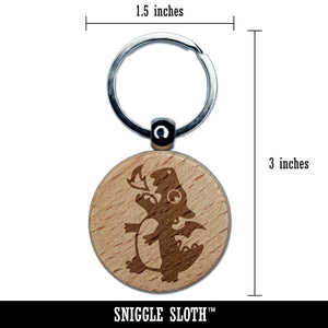 Cute Little Dragon Breathing Fire Engraved Wood Round Keychain Tag Charm