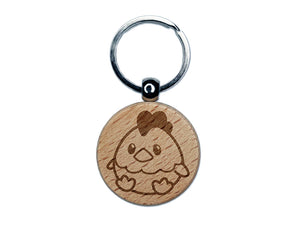 Cute Sitting Chicken Engraved Wood Round Keychain Tag Charm