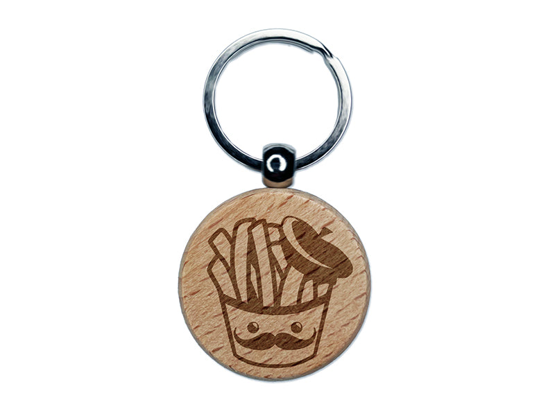 French Fries with Mustache and Beret Engraved Wood Round Keychain Tag Charm