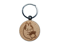 Geek Gamer Bunny Rabbit Playing Console Games Engraved Wood Round Keychain Tag Charm