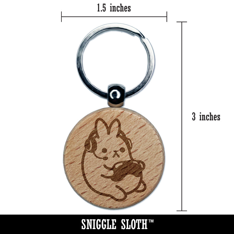 Geek Gamer Bunny Rabbit Playing Console Games Engraved Wood Round Keychain Tag Charm