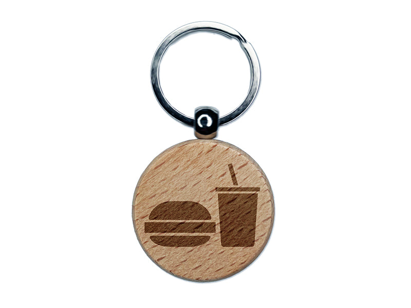Hamburger and Soda Food Drink Icon Engraved Wood Round Keychain Tag Charm
