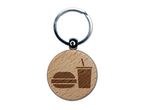 Hamburger and Soda Food Drink Icon Engraved Wood Round Keychain Tag Charm