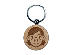 Human Female Character Face Engraved Wood Round Keychain Tag Charm