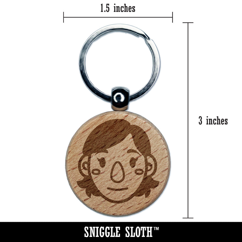 Human Female Character Face Engraved Wood Round Keychain Tag Charm