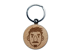 Human Male Character Face Engraved Wood Round Keychain Tag Charm