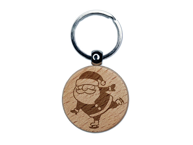 Ice Skating Christmas Santa Claus Engraved Wood Round Keychain Tag Charm