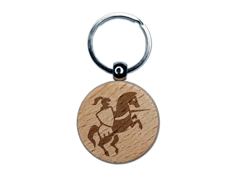 Jousting Knight with Lance on Horse Engraved Wood Round Keychain Tag Charm