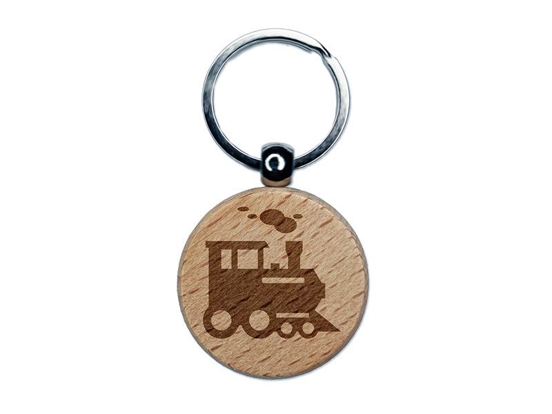 Locomotive Railway Train Engine Engraved Wood Round Keychain Tag Charm