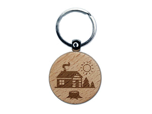 Log Cabin in the Woods Engraved Wood Round Keychain Tag Charm