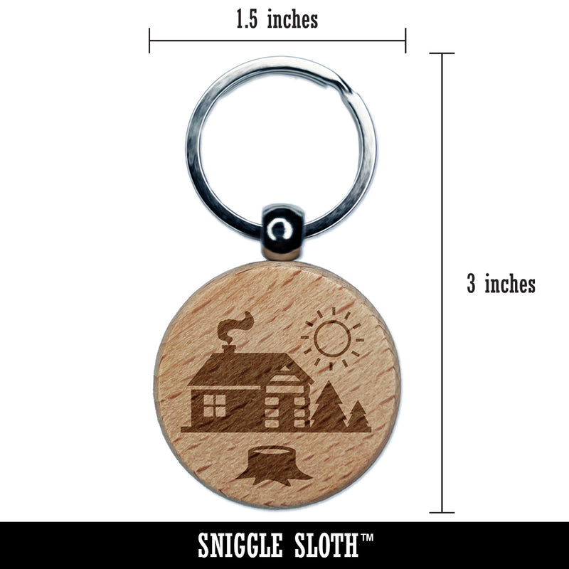 Log Cabin in the Woods Engraved Wood Round Keychain Tag Charm