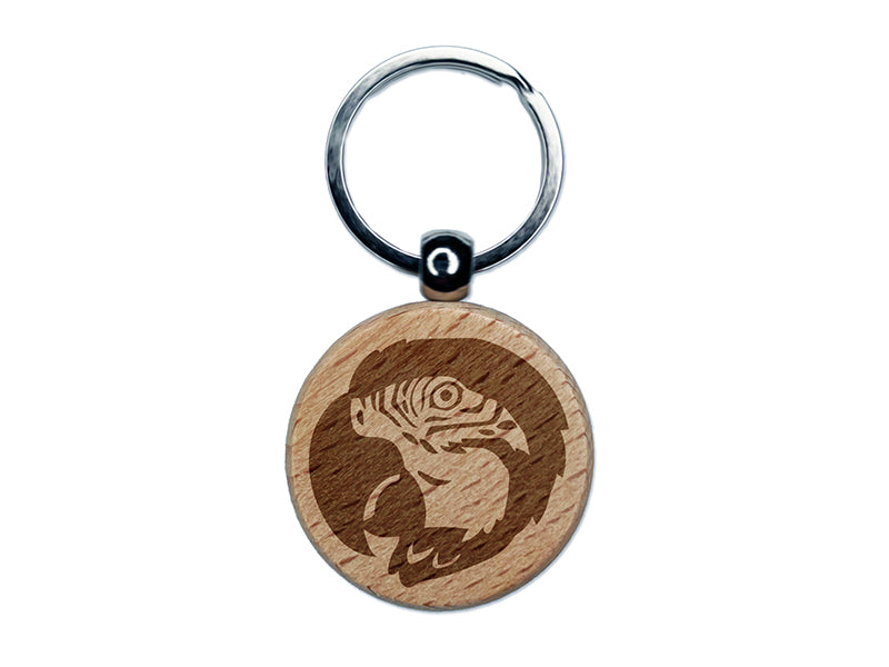 Macaw Parrot Bird Head Engraved Wood Round Keychain Tag Charm