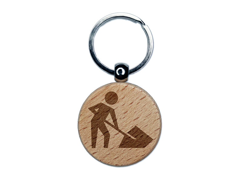 Man with Shovel Construction Zone Sign Engraved Wood Round Keychain Tag Charm