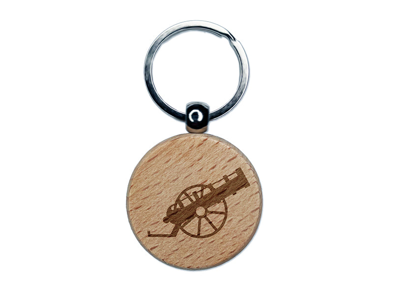 Medieval War Cannon Engraved Wood Round Keychain Tag Charm