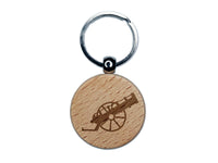 Medieval War Cannon Engraved Wood Round Keychain Tag Charm