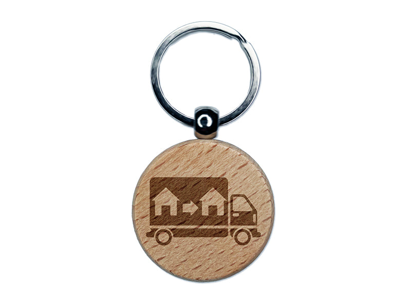 Moving Truck Vehicle Icon Engraved Wood Round Keychain Tag Charm