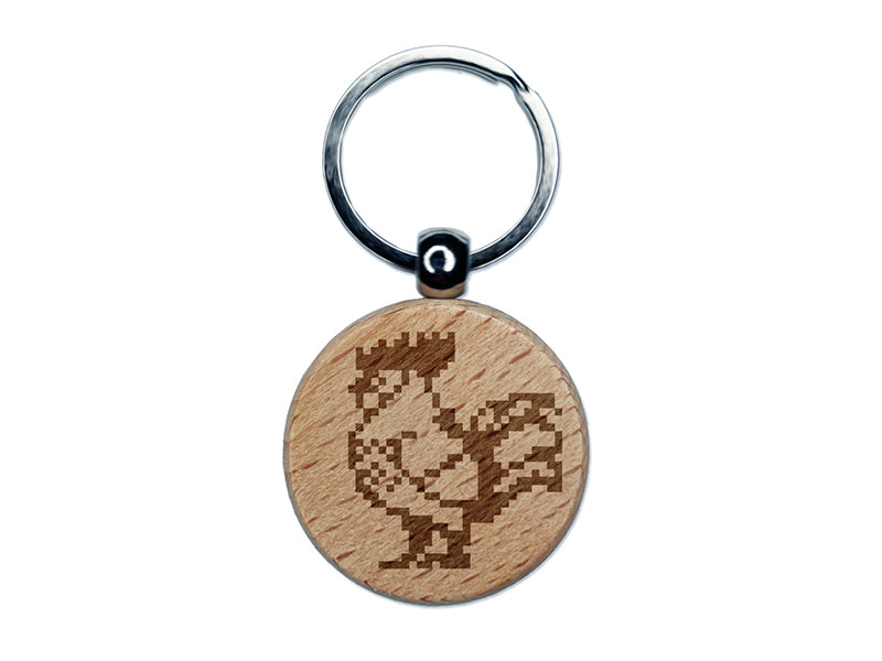 Pixel Rooster Chicken Engraved Wood Round Keychain Tag Charm