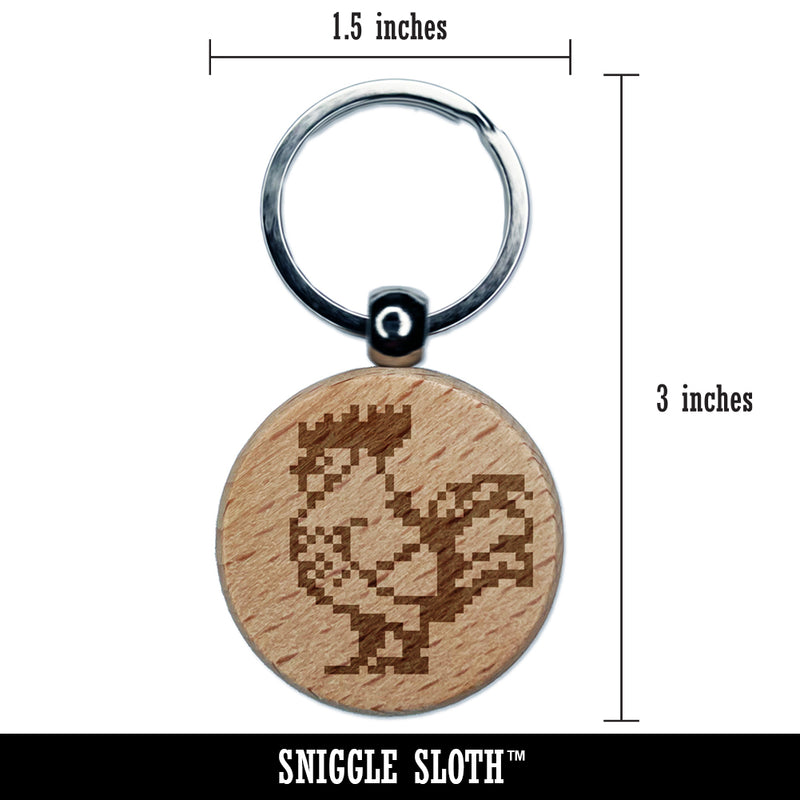 Pixel Rooster Chicken Engraved Wood Round Keychain Tag Charm