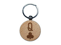 Queen of Clubs Card Suit Engraved Wood Round Keychain Tag Charm