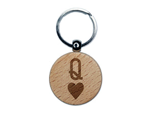 Queen of Hearts Card Suit Engraved Wood Round Keychain Tag Charm