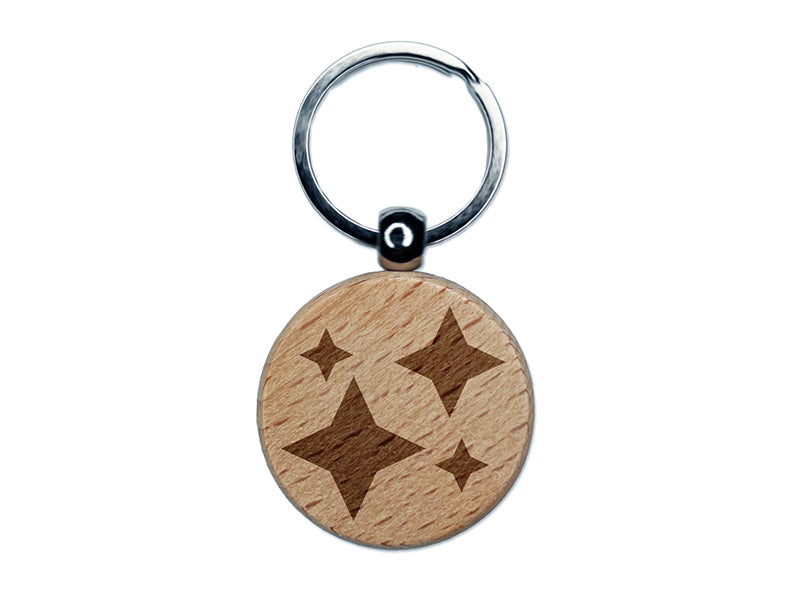 Shiny Sparkle Stars Engraved Wood Round Keychain Tag Charm