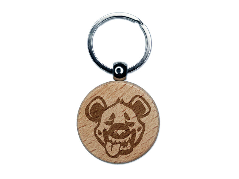 Smiling Spotted Hyena Head Engraved Wood Round Keychain Tag Charm