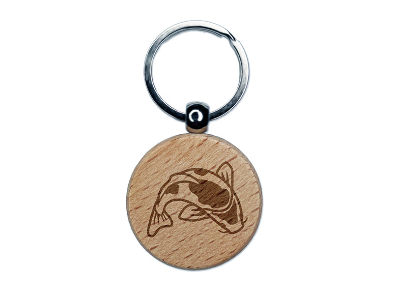 Spotted Koi Fish Engraved Wood Round Keychain Tag Charm