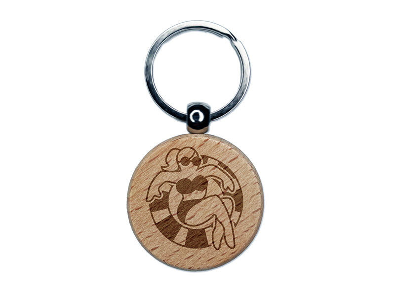 Summer Woman in Swimsuit Floating Engraved Wood Round Keychain Tag Charm