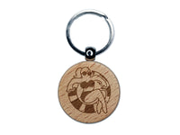 Summer Woman in Swimsuit Floating Engraved Wood Round Keychain Tag Charm