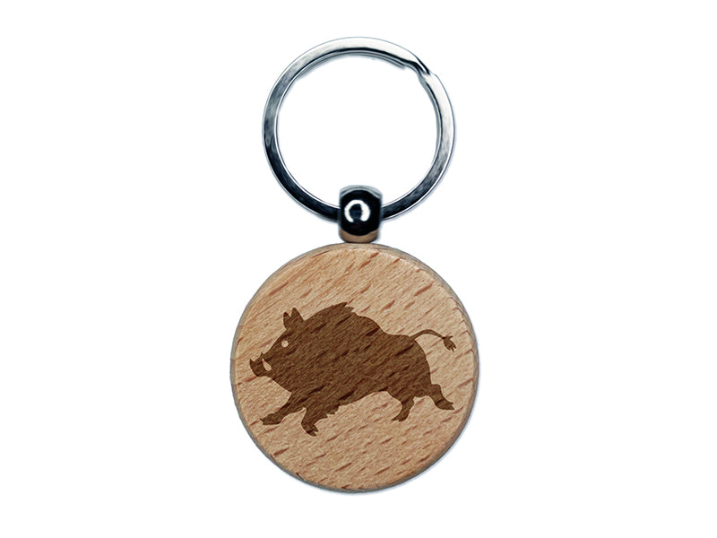 Wild Boar Pig Swine with Tusks Engraved Wood Round Keychain Tag Charm